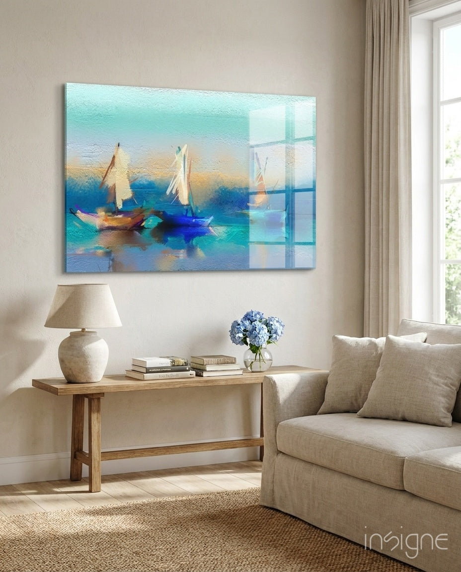 Soft Turquoise Sailboats Impasto Bay Glass Wall Art