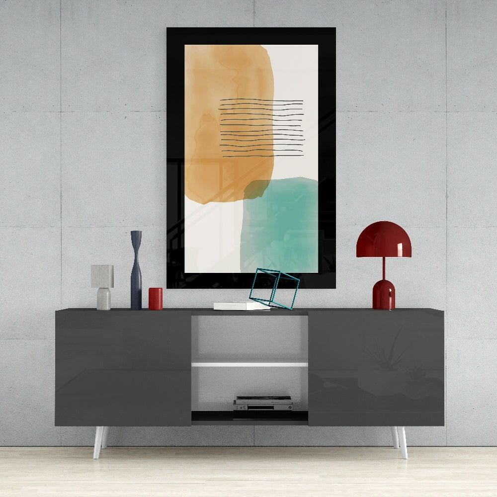 Ochre Teal Wash With Stripes Glass Wall Art