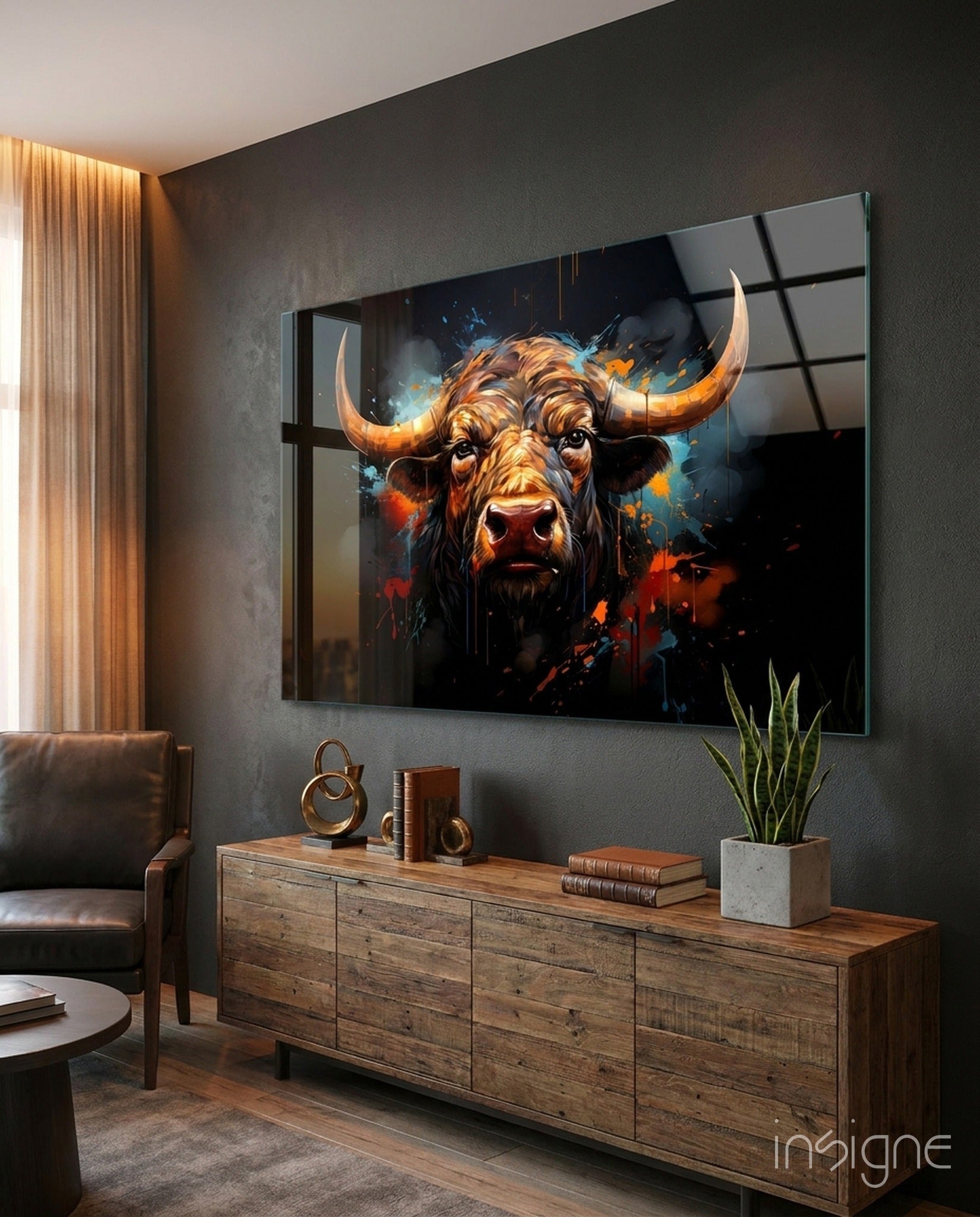 Buffalo Head Paint Splash Glass Wall Art