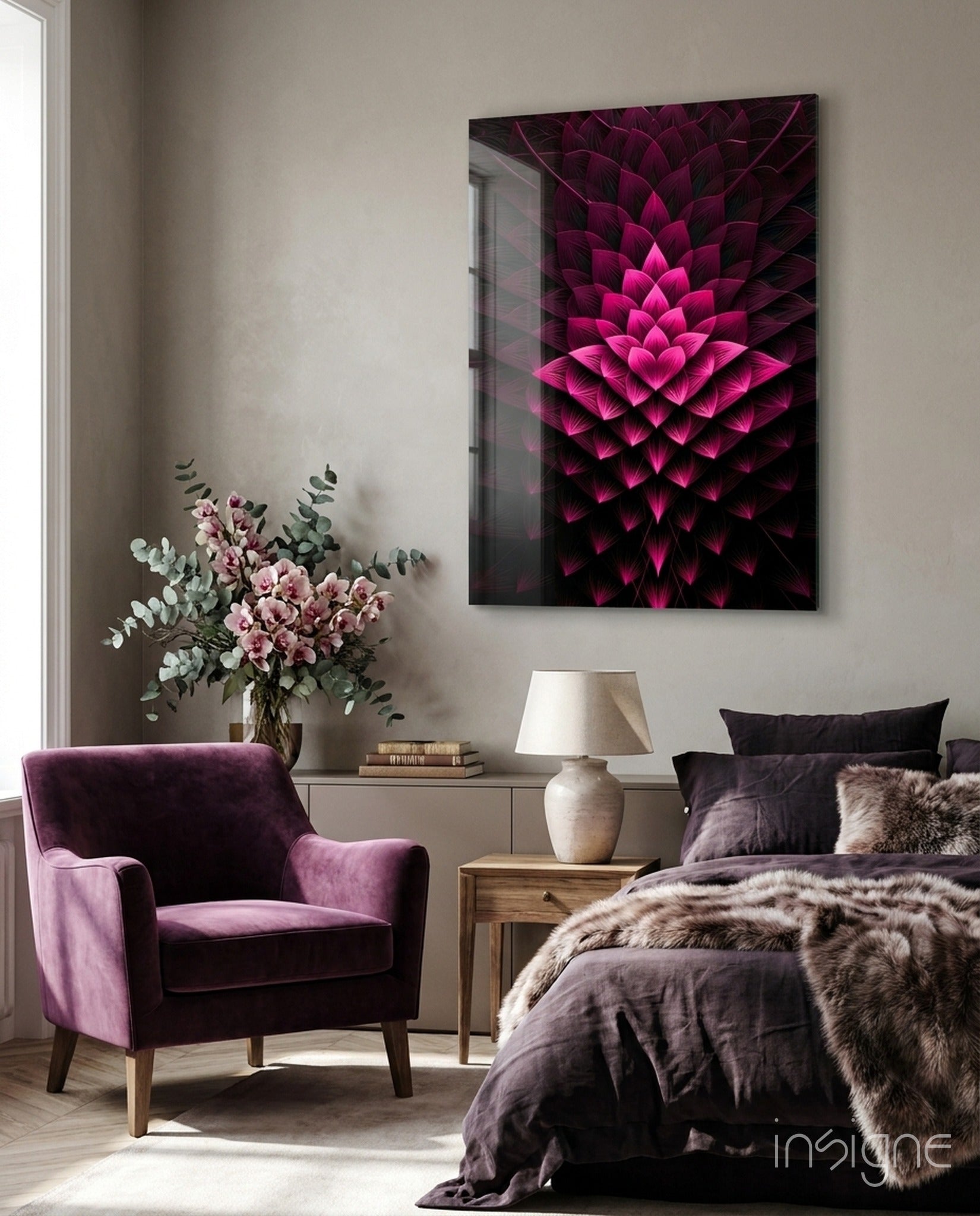 Magenta Layered Lotus Fractal Glass Wall Art