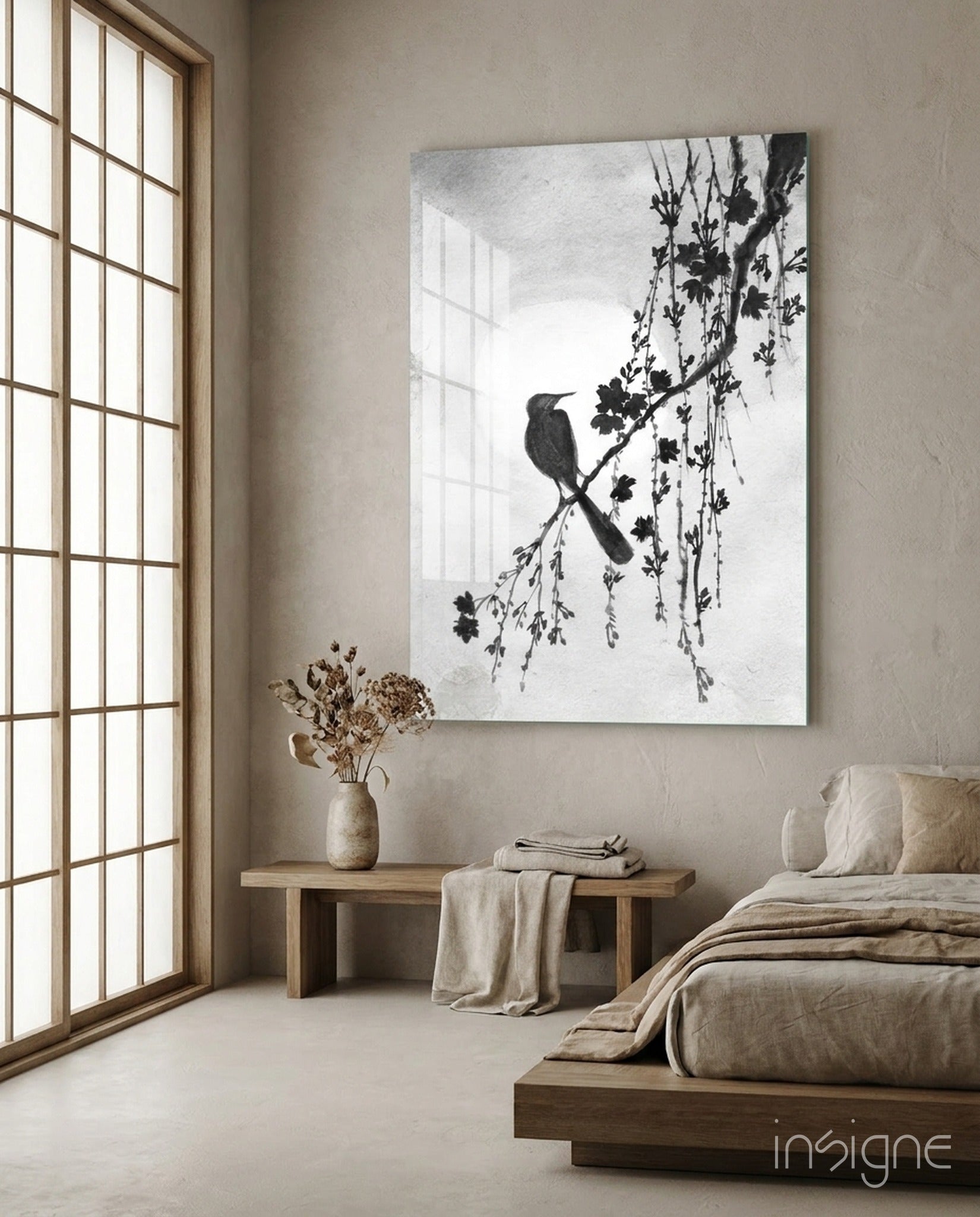 Black and White Bird on Blossom Branch Glass Wall Art