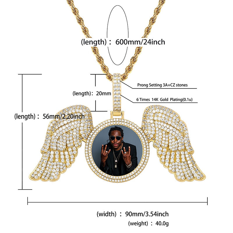 Angel Wings Custom Photo Medallion Necklace Iced Out Cubic Zirconia Pendant Hip Hop Jewelry