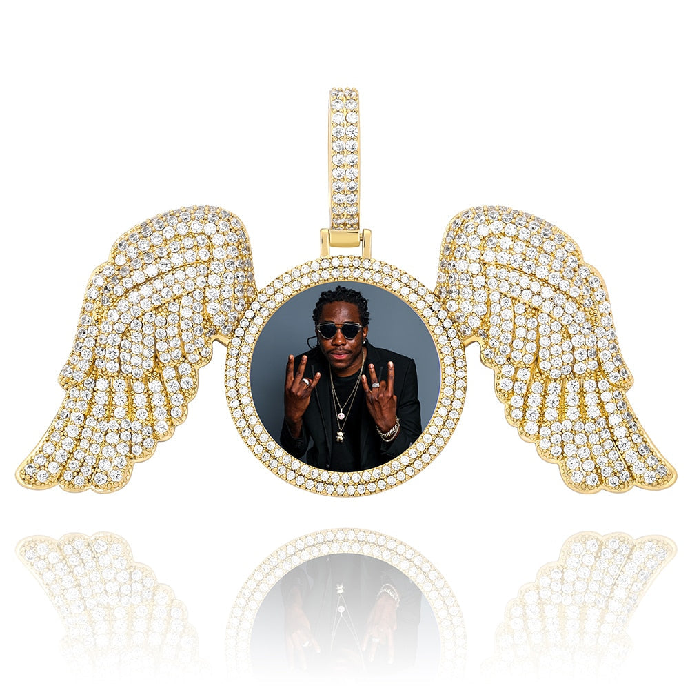 Angel Wings Custom Photo Medallion Necklace Iced Out Cubic Zirconia Pendant Hip Hop Jewelry
