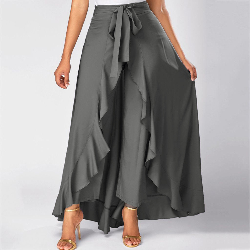 Women Pants Causal Ruffle Drawstring TrouserHigh Waist Loose Dancing Outfits Palazzo Skirt