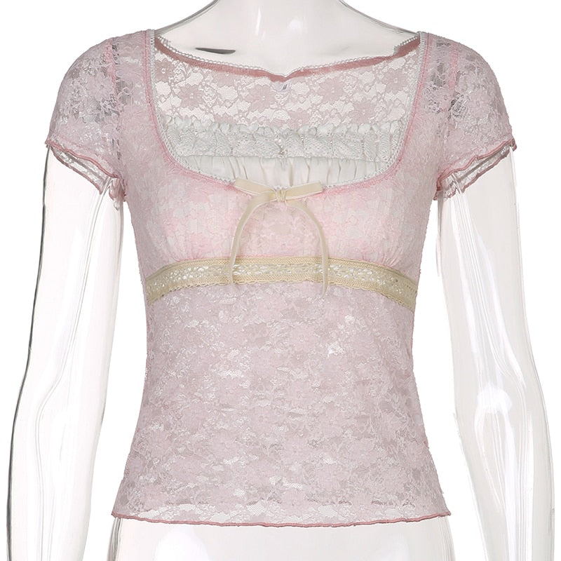 Trim Crop Top Bow Cute Sweet T Shirt Women Retro Short Sleeve Lace Patched Tshirt