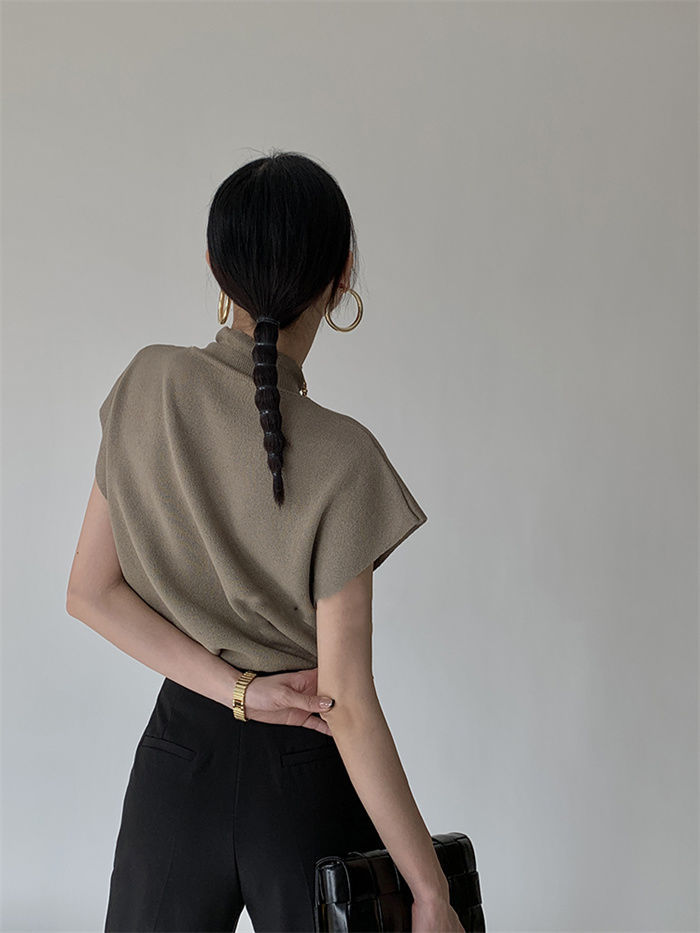 French Turtleneck Knitted Women Spring Summer Design Loose Short Sleeve Cropped Tops Female