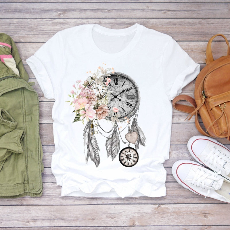 Dream Feather Print Summer Short Sleeve T-Shirts Top Graphic Plue Size