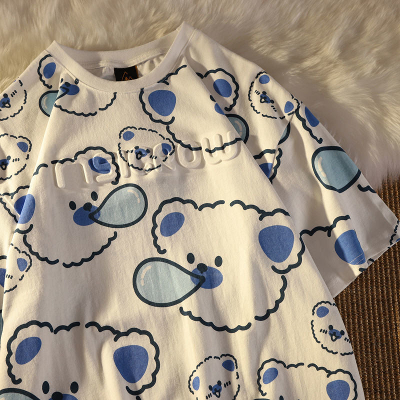 Summer Full Print Cartoon Bear Kawaii Short-Sleeved T-Shirt Loose Harajuku Casual