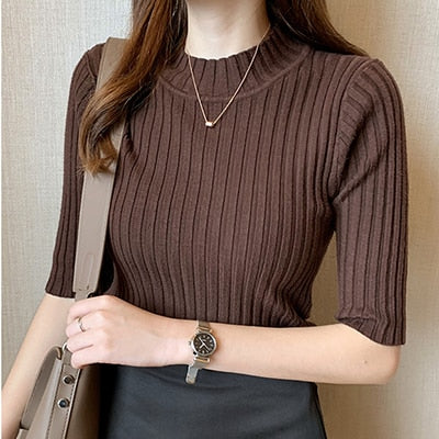 Knitted T Shirt Women Short Sleeve Basic Woman T-shirt Femme Elasticity Poleras