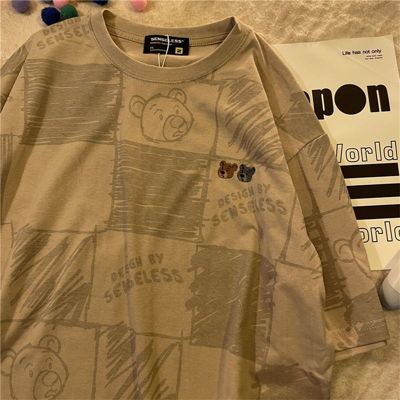 Summer Full Print Cartoon Bear Kawaii Short-Sleeved T-Shirt Loose Harajuku Casual