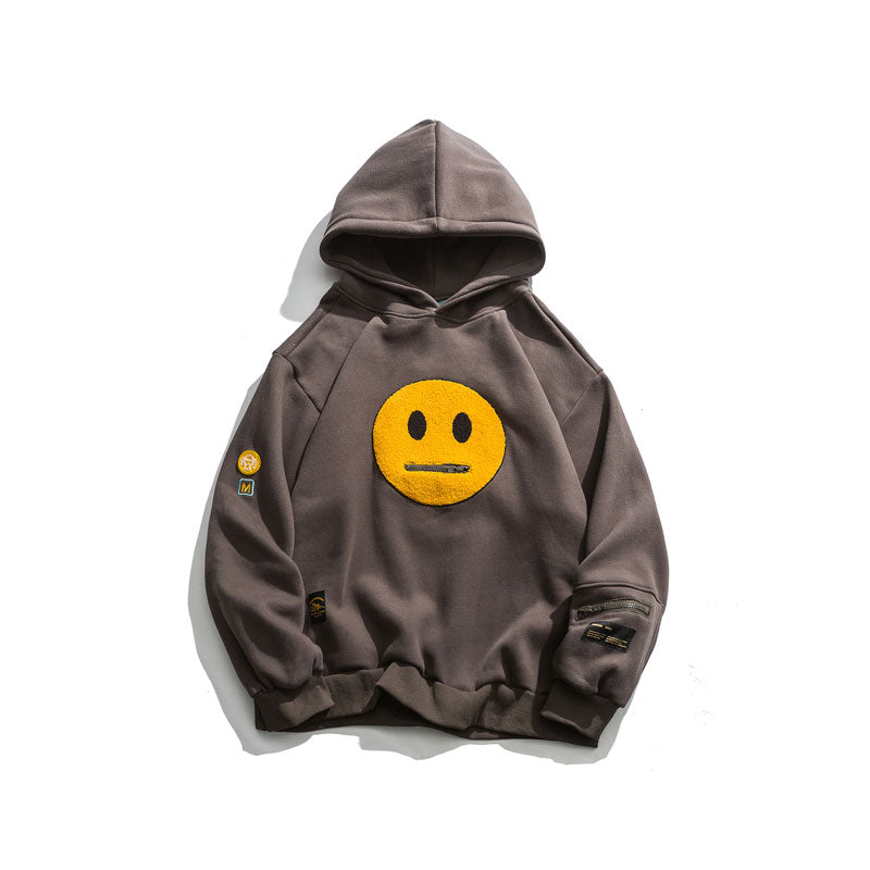Zipper Pocket Smile Face Patchwork Fleece Hoodies Sweatshirts Streetwear