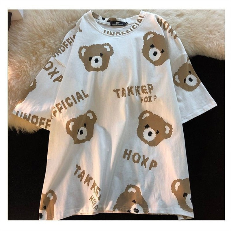 Summer Full Print Cartoon Bear Kawaii Short-Sleeved T-Shirt Loose Harajuku Casual