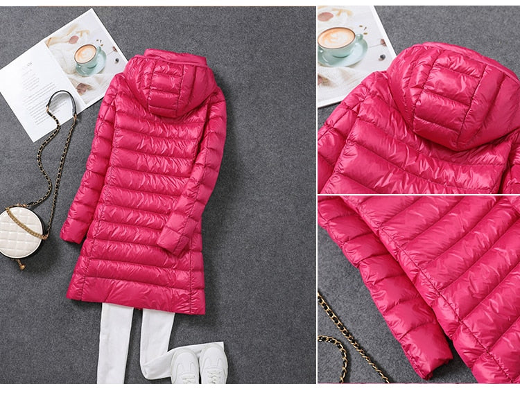 Ultralight Thin Down Jacket White Duck Down Hooded long Jackets Long Sleeve