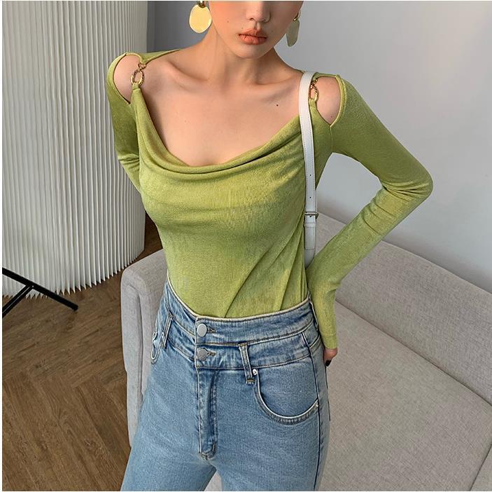 Sexy Swing Collar Cropped Tops Women Autumn Metal Design Skinny Long Sleeve T-Shirt Outwear