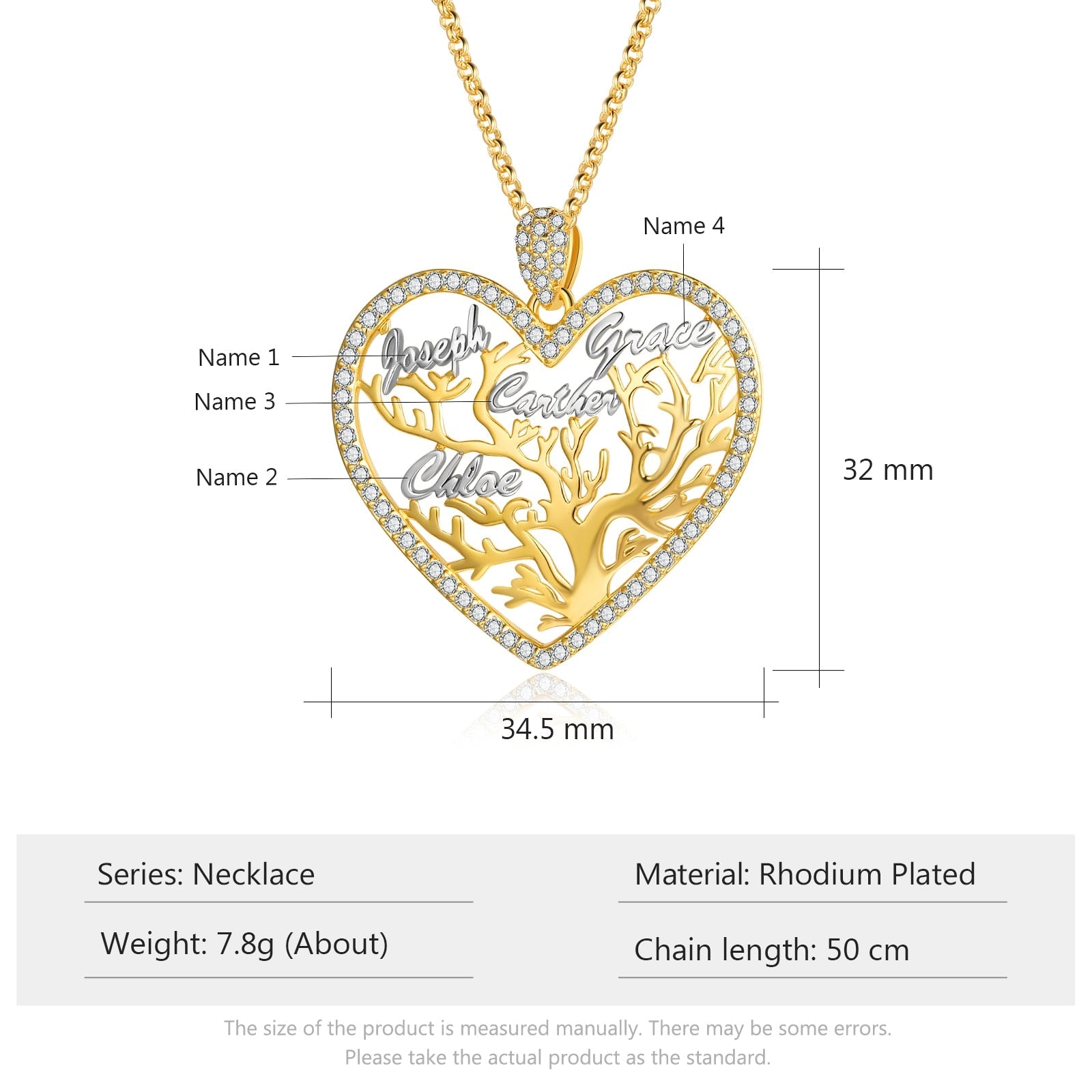 Multi-name Mixed Color Heart Necklace Family Tree of Life Nameplate Pendant