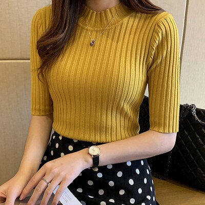 Knitted T Shirt Women Short Sleeve Basic Woman T-shirt Femme Elasticity Poleras