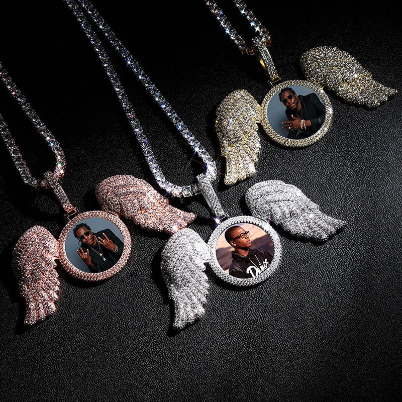 Angel Wings Custom Photo Medallion Necklace Iced Out Cubic Zirconia Pendant Hip Hop Jewelry