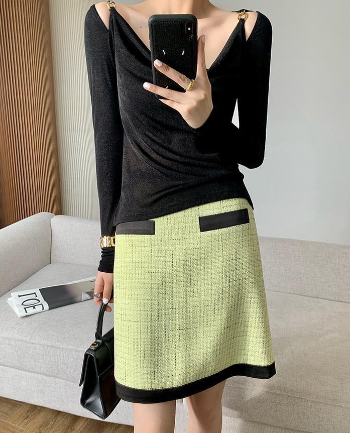 Sexy Swing Collar Cropped Tops Women Autumn Metal Design Skinny Long Sleeve T-Shirt Outwear