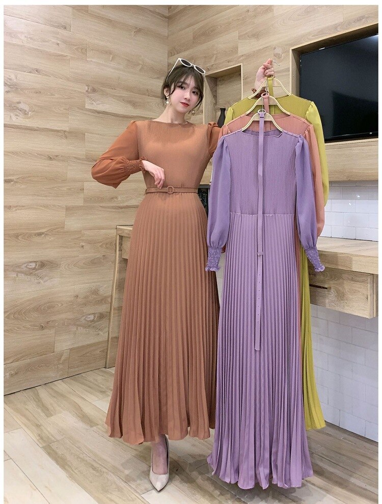 O-neck Long Sleeve A-line Dress Office Lady Pleated Maxi Dress