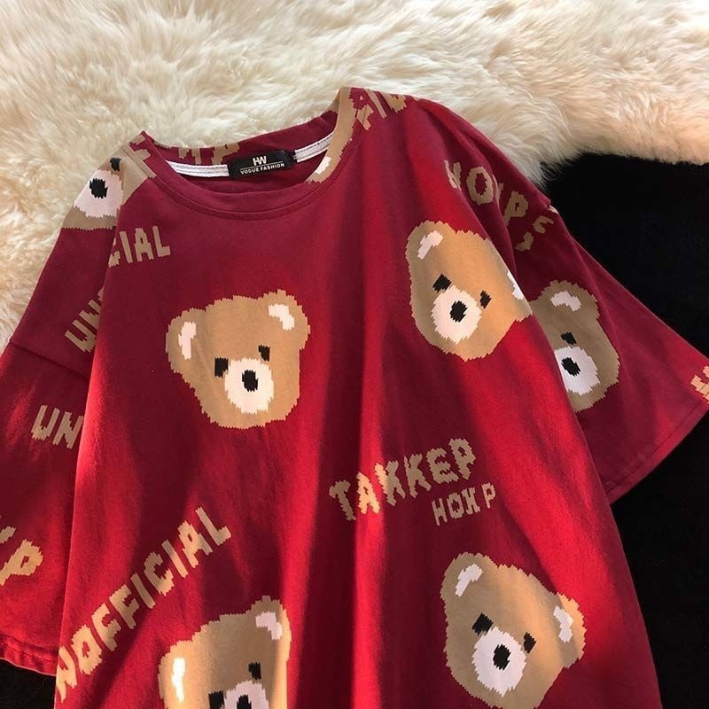 Summer Full Print Cartoon Bear Kawaii Short-Sleeved T-Shirt Loose Harajuku Casual