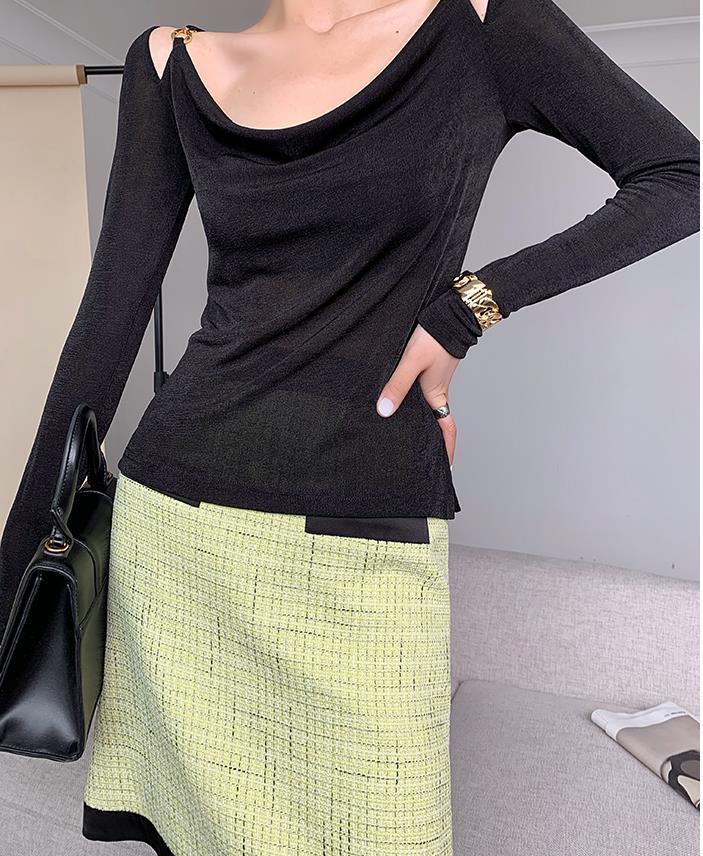 Sexy Swing Collar Cropped Tops Women Autumn Metal Design Skinny Long Sleeve T-Shirt Outwear