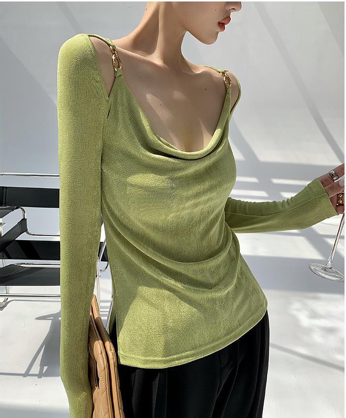 Sexy Swing Collar Cropped Tops Women Autumn Metal Design Skinny Long Sleeve T-Shirt Outwear