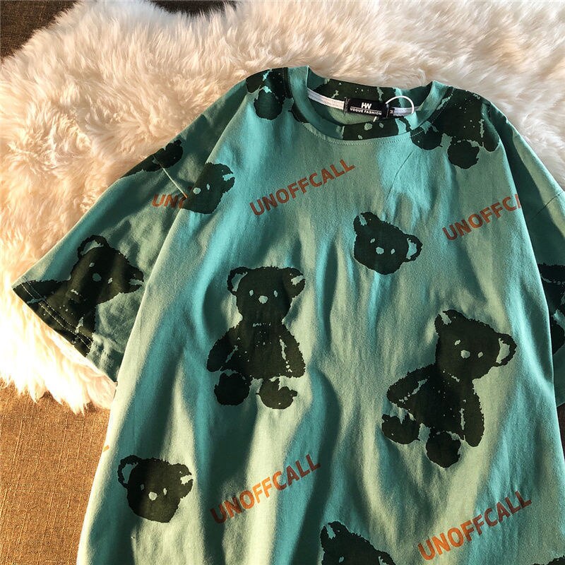 Summer Full Print Cartoon Bear Kawaii Short-Sleeved T-Shirt Loose Harajuku Casual