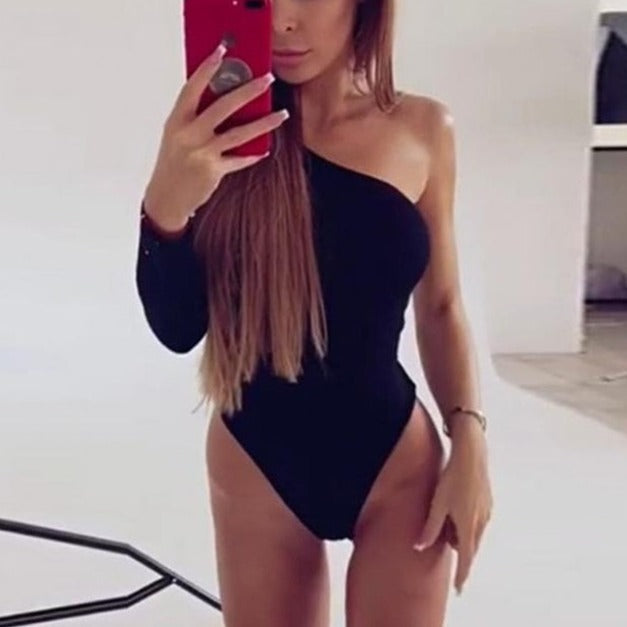 2022 One Shoulder Bodysuit Rib Knit Elegant Women Sexy Bodysuits Long Sleeve Skinny Bodysuit
