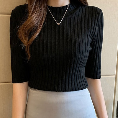 Knitted T Shirt Women Short Sleeve Basic Woman T-shirt Femme Elasticity Poleras