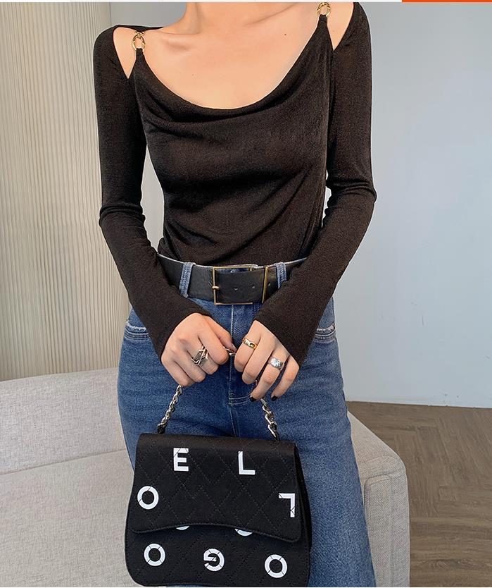 Sexy Swing Collar Cropped Tops Women Autumn Metal Design Skinny Long Sleeve T-Shirt Outwear