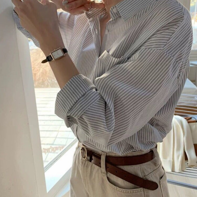 Striped Blouses Turn-down Collar Long Sleeve Loose Female Shirts Casual Tops
