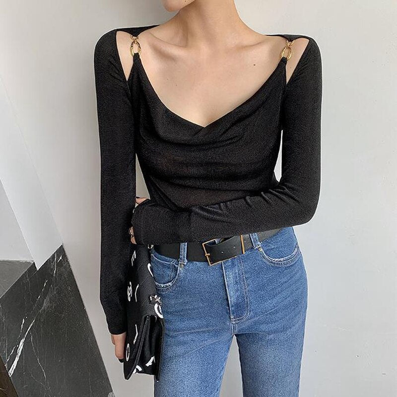 Sexy Swing Collar Cropped Tops Women Autumn Metal Design Skinny Long Sleeve T-Shirt Outwear