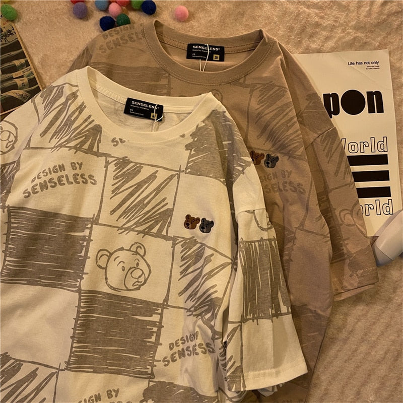 Summer Full Print Cartoon Bear Kawaii Short-Sleeved T-Shirt Loose Harajuku Casual