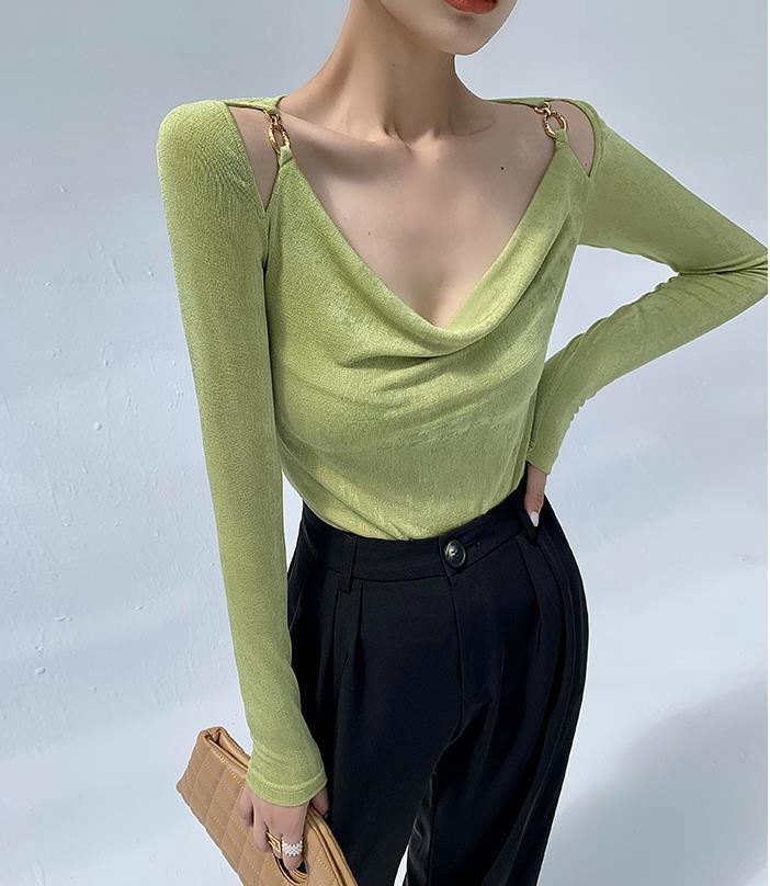 Sexy Swing Collar Cropped Tops Women Autumn Metal Design Skinny Long Sleeve T-Shirt Outwear