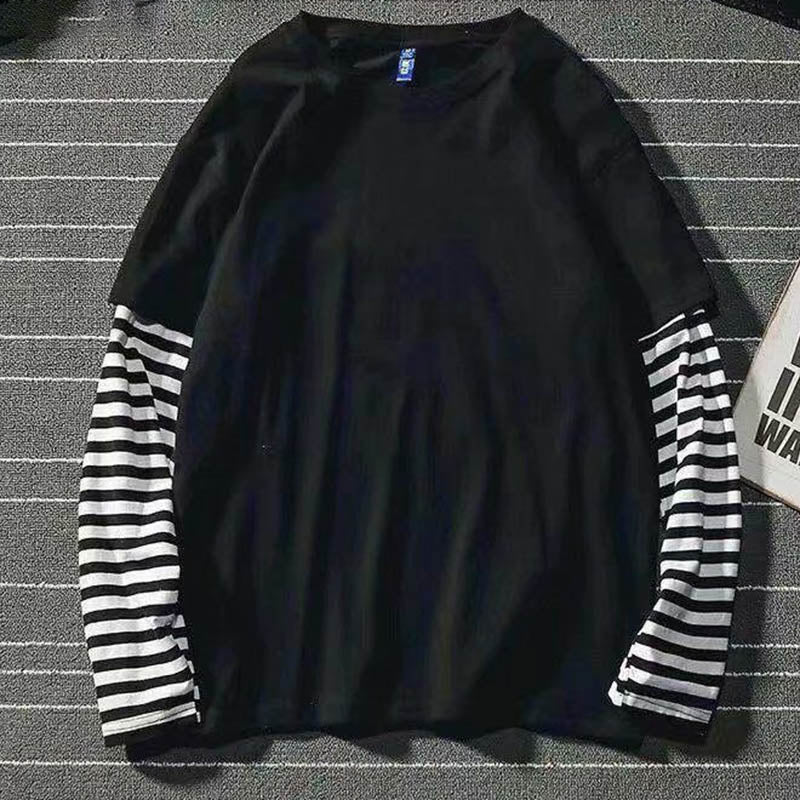 Fake Two Striped Color Matching Stitching Long Sleeve Women T-shirt Hip Hop Style Bottoming Shirt