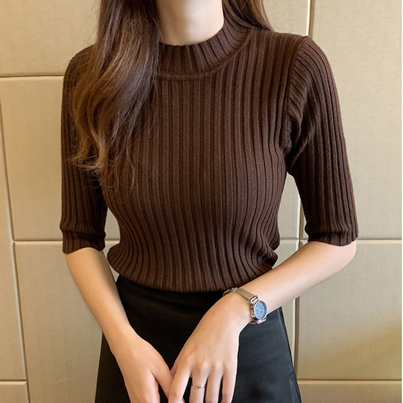 Knitted T Shirt Women Short Sleeve Basic Woman T-shirt Femme Elasticity Poleras