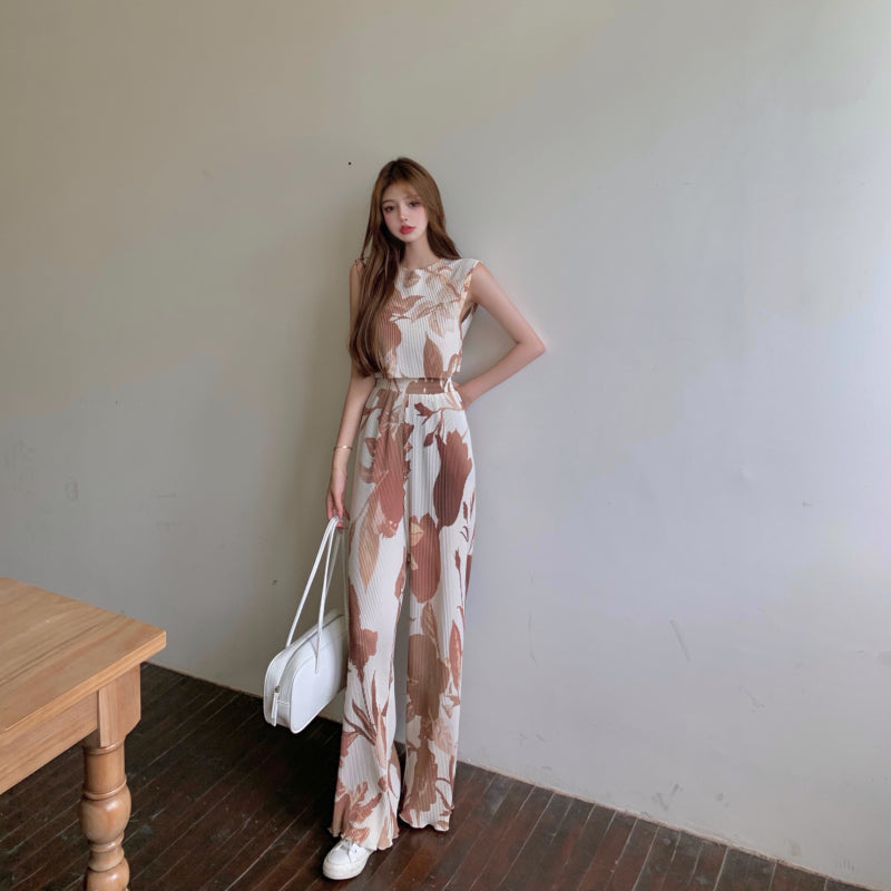 Summer Two-piece Women Printed Sleeveless Vest + Casual Mopping Trousers Female Sets