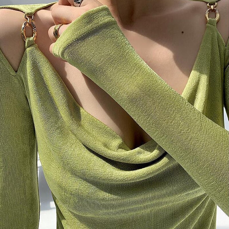 Sexy Swing Collar Cropped Tops Women Autumn Metal Design Skinny Long Sleeve T-Shirt Outwear