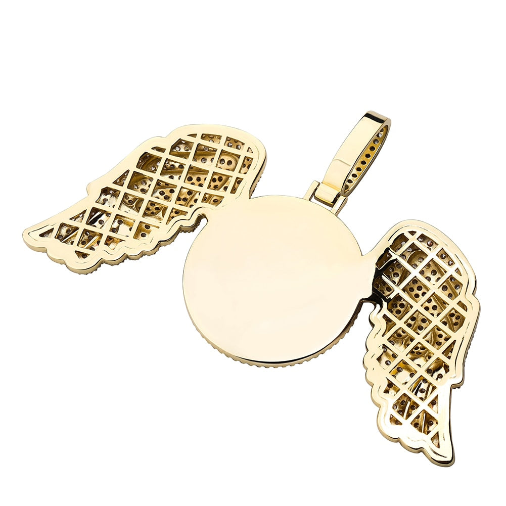 Angel Wings Custom Photo Medallion Necklace Iced Out Cubic Zirconia Pendant Hip Hop Jewelry