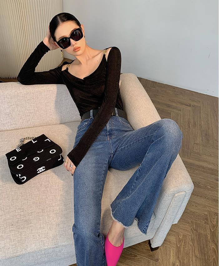 Sexy Swing Collar Cropped Tops Women Autumn Metal Design Skinny Long Sleeve T-Shirt Outwear