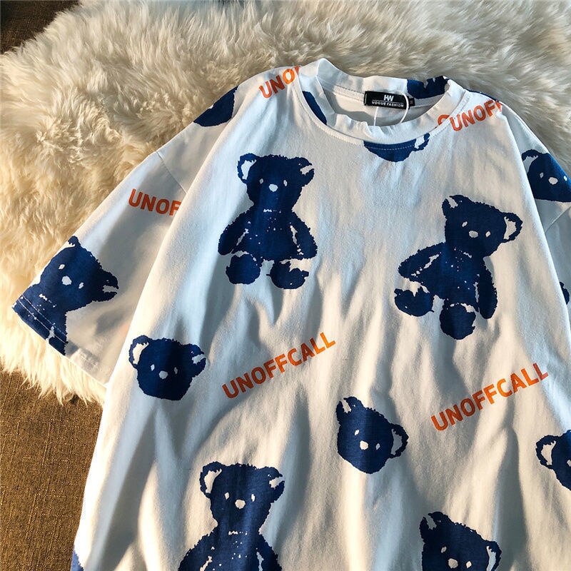 Summer Full Print Cartoon Bear Kawaii Short-Sleeved T-Shirt Loose Harajuku Casual