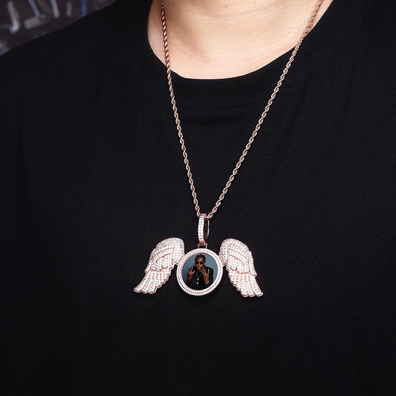 Angel Wings Custom Photo Medallion Necklace Iced Out Cubic Zirconia Pendant Hip Hop Jewelry