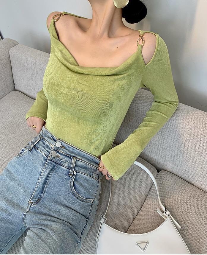 Sexy Swing Collar Cropped Tops Women Autumn Metal Design Skinny Long Sleeve T-Shirt Outwear