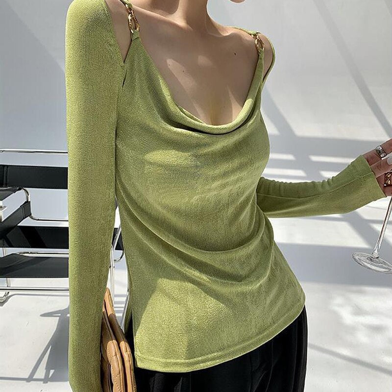 Sexy Swing Collar Cropped Tops Women Autumn Metal Design Skinny Long Sleeve T-Shirt Outwear