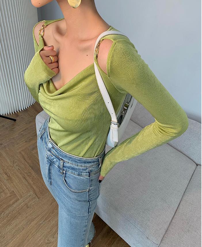 Sexy Swing Collar Cropped Tops Women Autumn Metal Design Skinny Long Sleeve T-Shirt Outwear