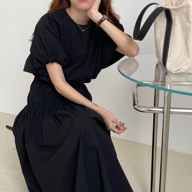 Vintage Sets Women Outfits Puff Sleeve Crop Top and Elastic Waist Pleat Long A-line Skirt