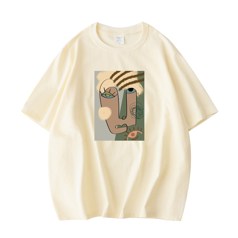 Abstract Pattern Tshirts Lady Cotton Green Summer Tees Lady Short Sleeve Streetwear Tops