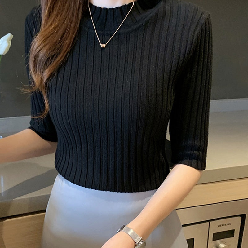 Knitted T Shirt Women Short Sleeve Basic Woman T-shirt Femme Elasticity Poleras