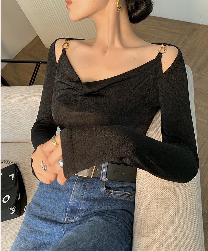 Sexy Swing Collar Cropped Tops Women Autumn Metal Design Skinny Long Sleeve T-Shirt Outwear