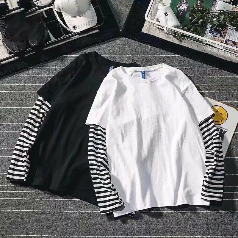 Fake Two Striped Color Matching Stitching Long Sleeve Women T-shirt Hip Hop Style Bottoming Shirt